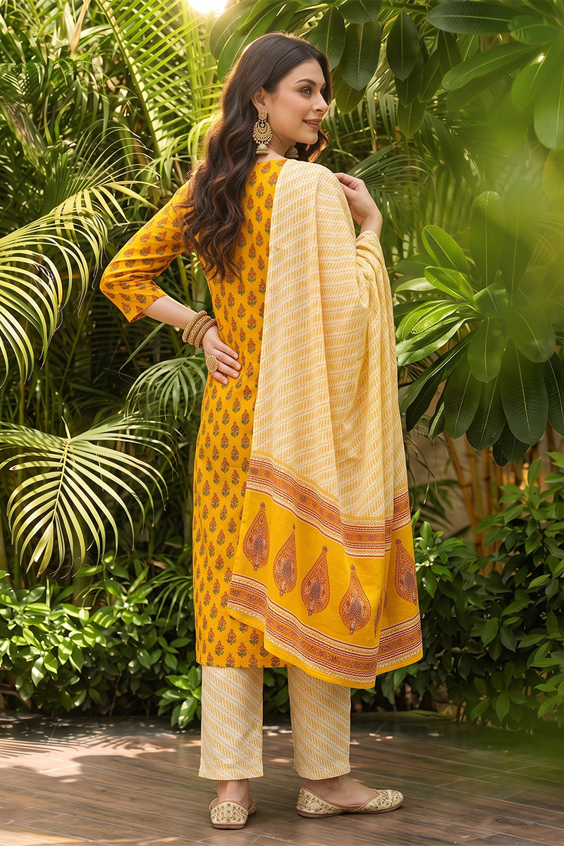 Yellow Rayon Blend Straight Suit Set VKSKD1042