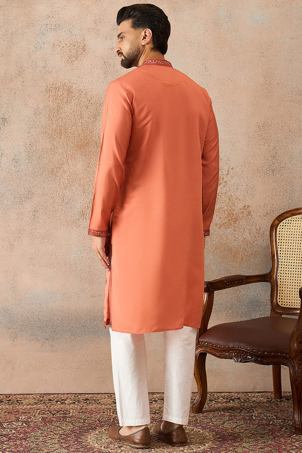 Orange Silk Blend Solid Embroidered Kurta With Trouser MKSET2258