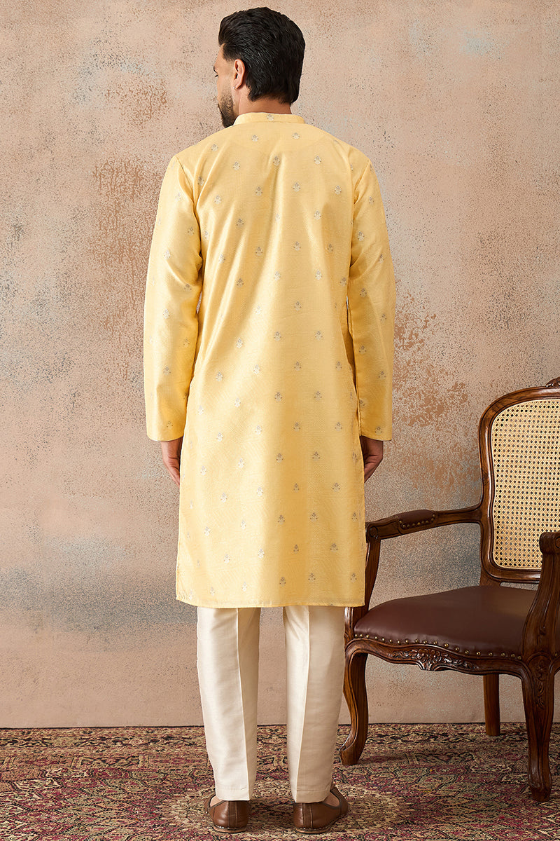 Yellow Silk Blend Floral Straight Kurta With Dupatta MKSET2216