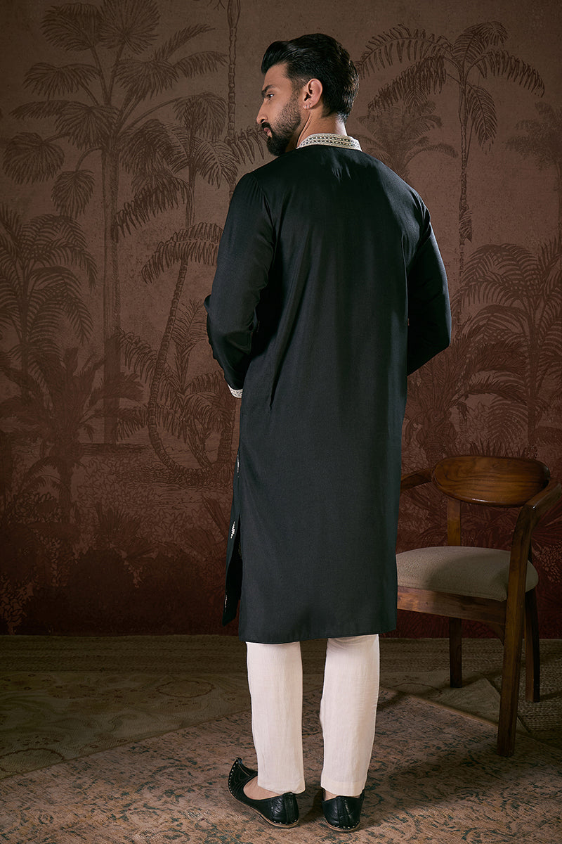 Black Silk Blend Solid Embroidered Straight Kurta With Trouser MKSET1883