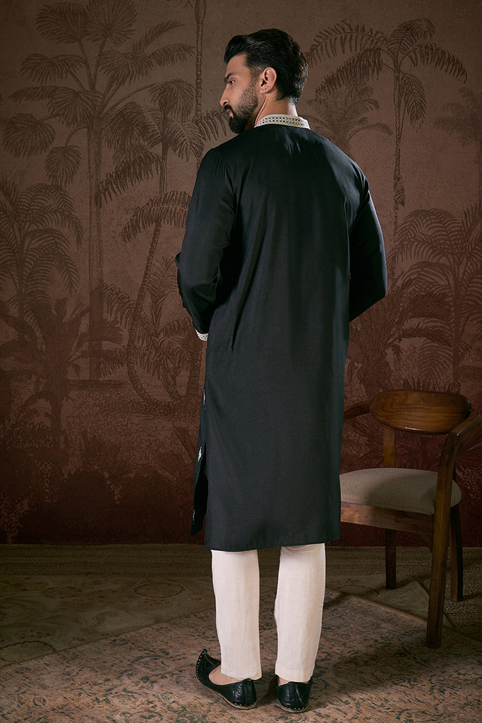 Black Silk Blend Solid Embroidered Straight Kurta With Trouser MKSET1883