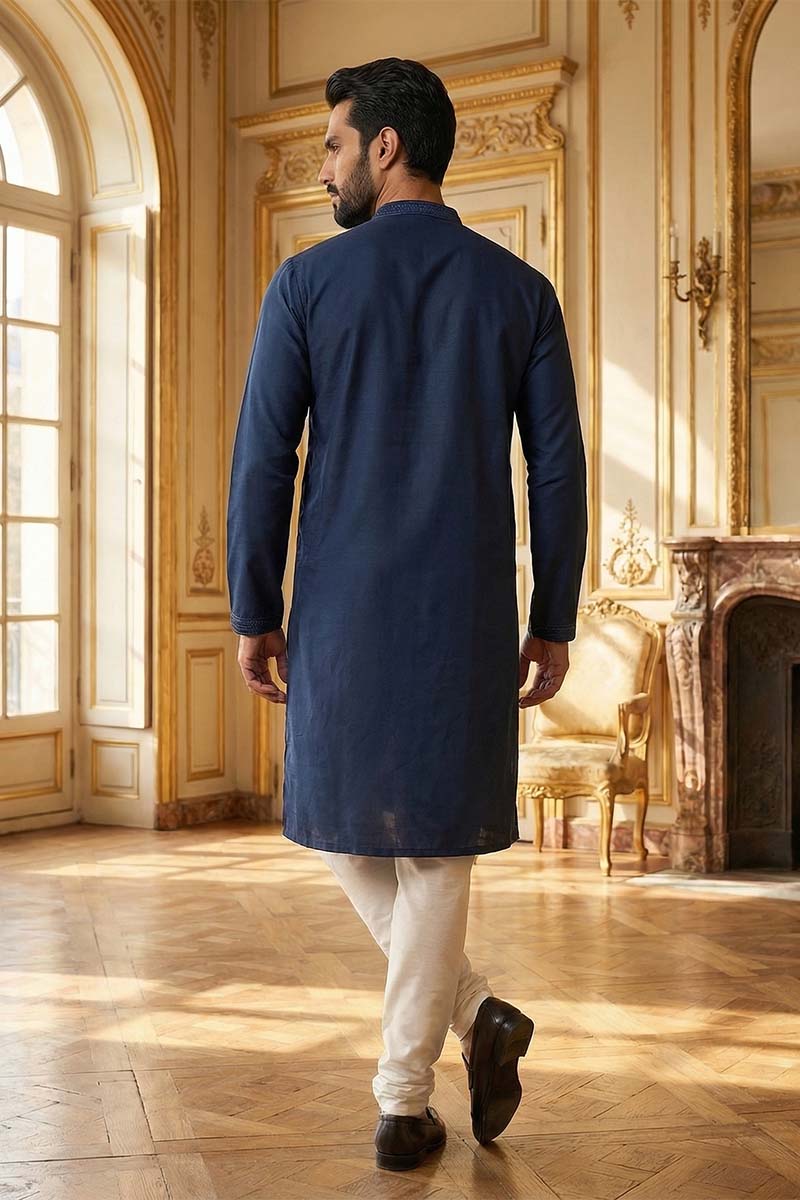 Blue Silk Blend Embroidered Straight Kurta MKU2124