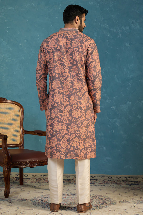 Grey Modal Floral Printed Calf Length Straight Regular Kurta With Trouser MKSET1980