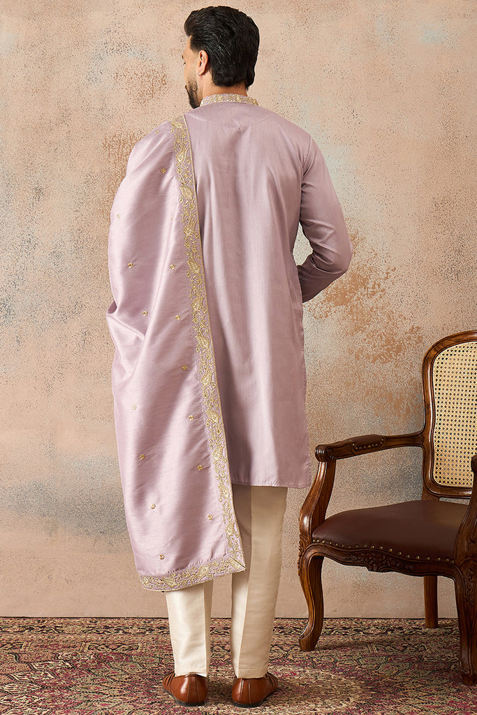 Lavender Zari Embroidered Silk Blend Kurta with Trousers & Dupatta MKPD1047