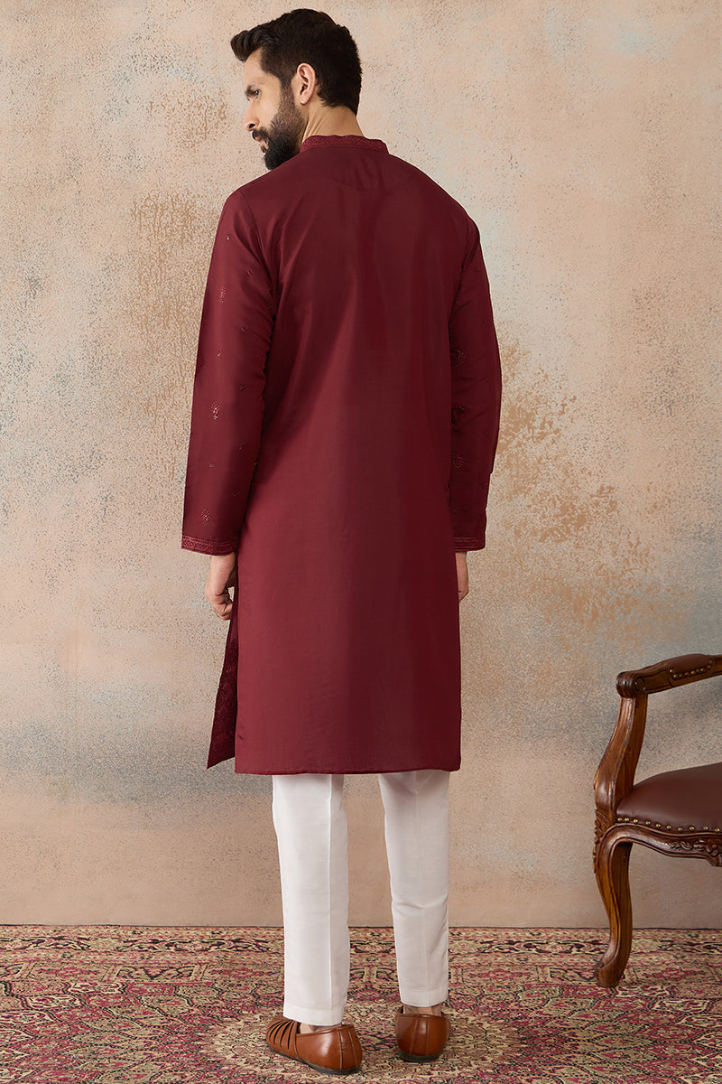 Maroon Silk Blend Solid Emboidered Straight Kurta MKU2289