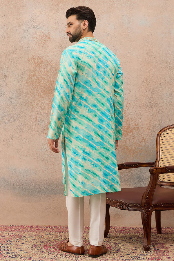 Turquoise Blue Viscose Rayon Leheriya Printed Kurta With Trouser MKSET2761