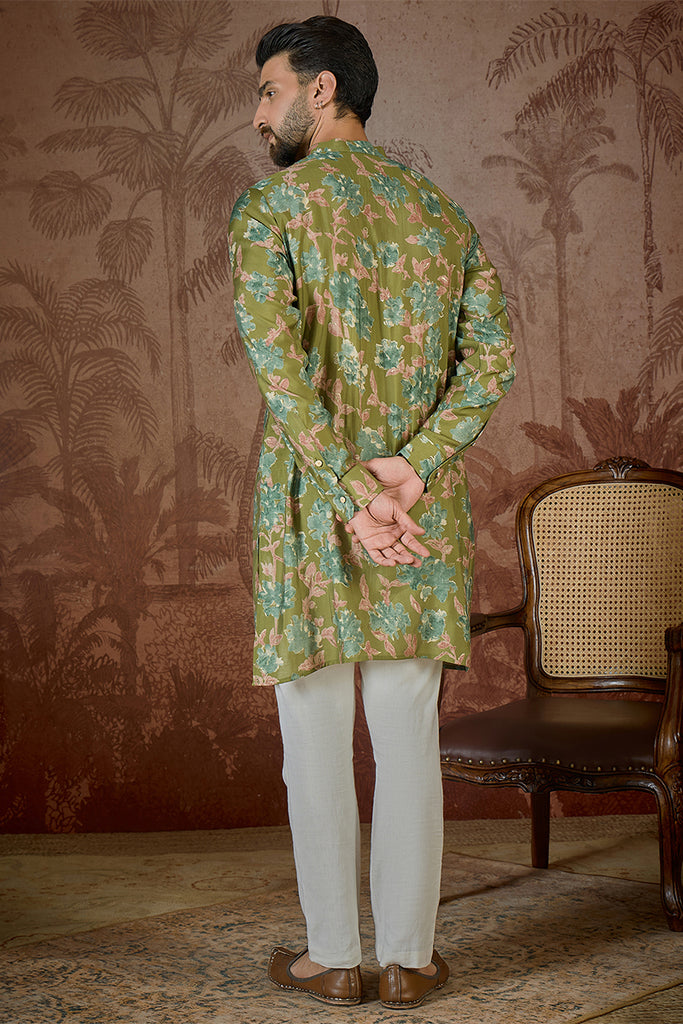 Green SIlk Blend Floral Printed Kurta MKU2537