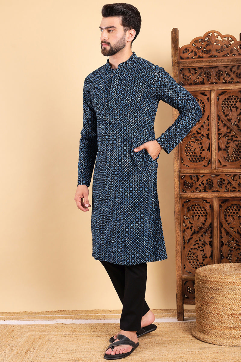 Blue Viscose Rayon Solid Dyed Straight Kurta with Trouser MKSET1013BLU