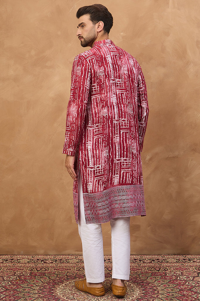 Red Viscose Rayon Batik Embroidered Straight Kurta MKU1499