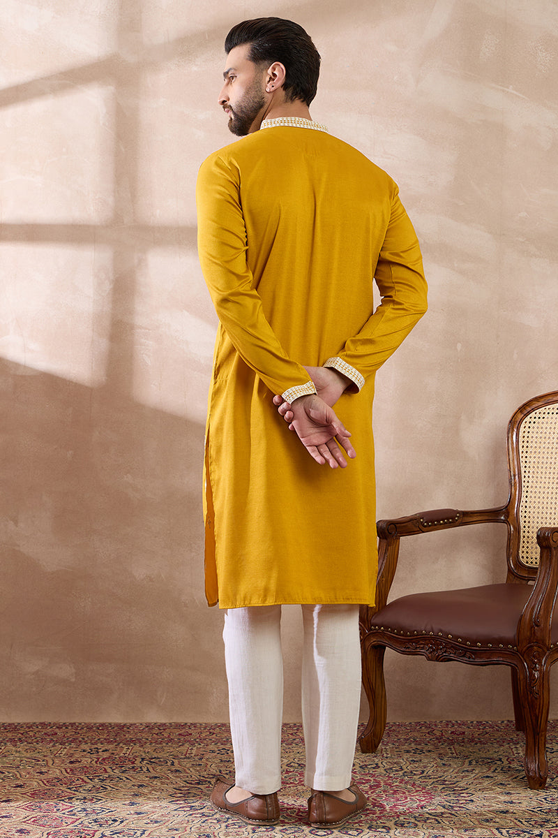Yellow Silk Blend Embroidered Mandarin Collar Straight Kurta MKU1786