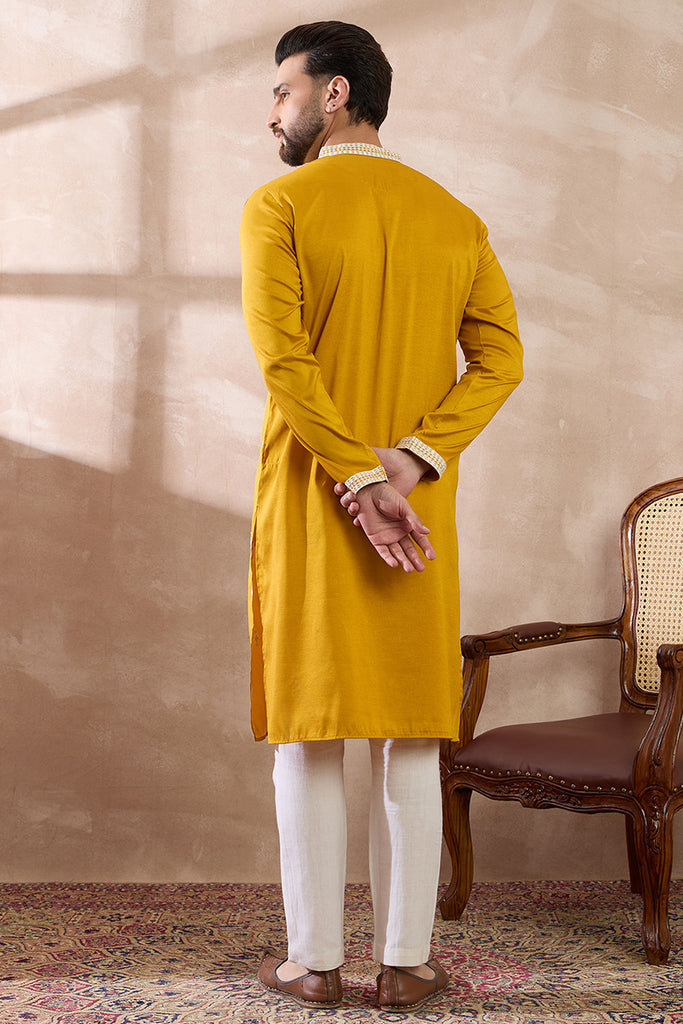 Yellow Silk Blend Embroidered Mandarin Collar Straight Kurta MKU1786