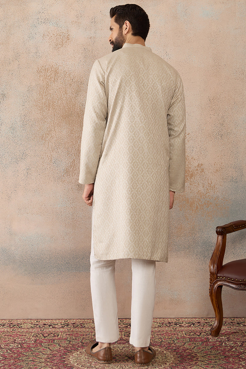 Beige Linen Blend Geometric Woven Design Kurta With Trouser MKSET2364
