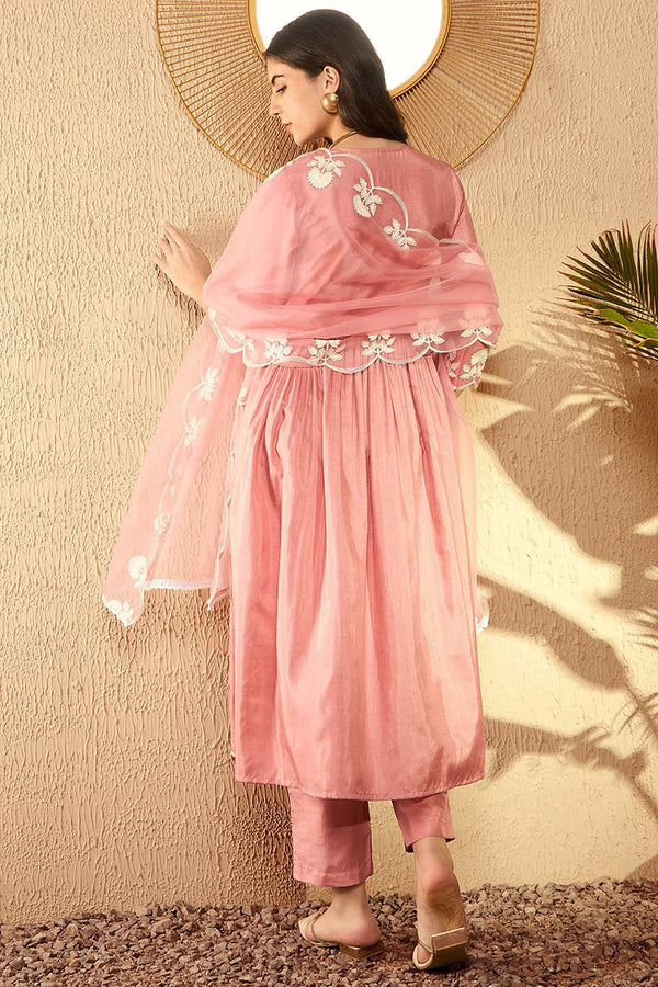 Peach Silk Blend Embroidered Kurta Trouser With Dupatta HOPPKSKD2595
