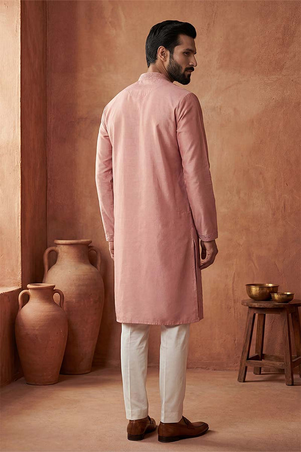 Silk Blend Peach Solid Embroidered Calf Length Straight Kurta MKU2136