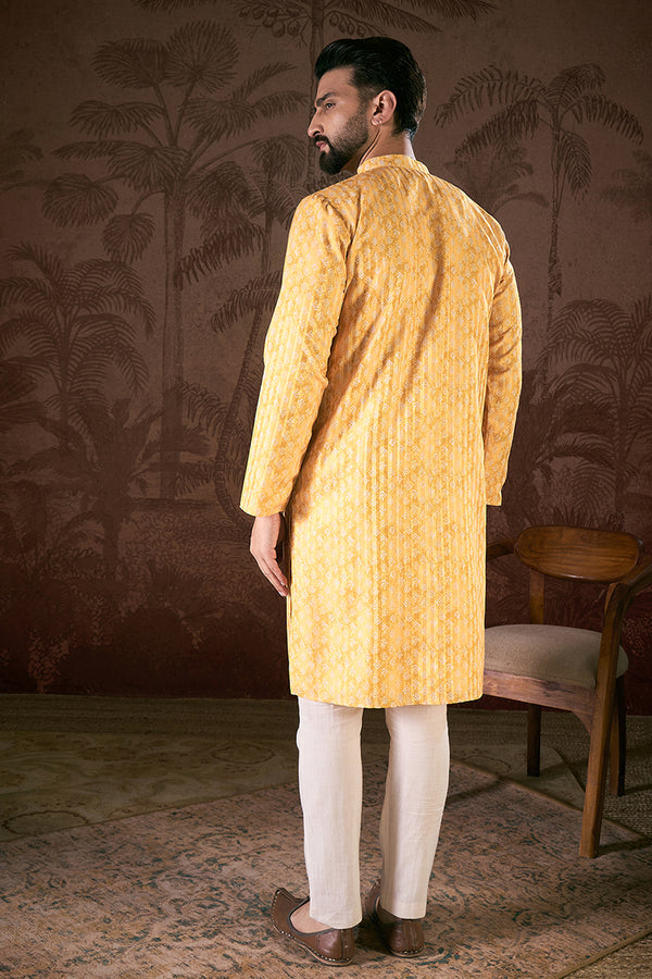 Yellow Silk Blend Ethnic Motifs Printed Straight Kurta MKU1949