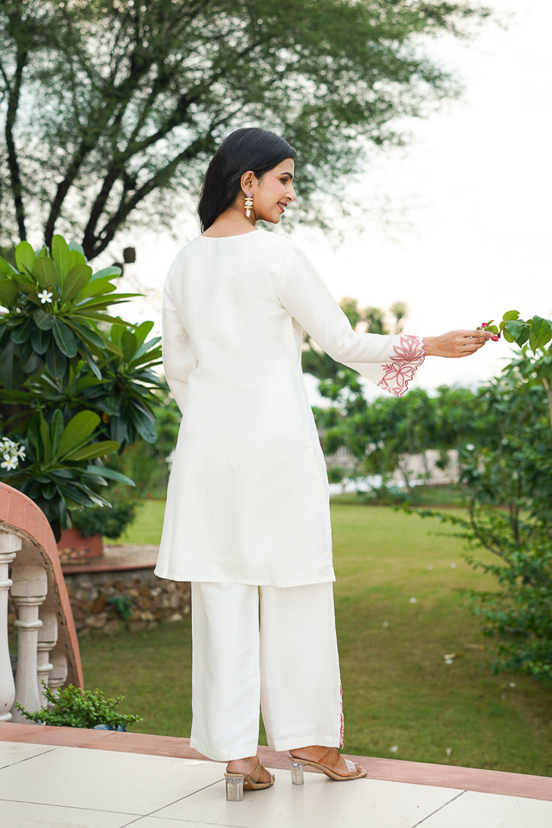 White Silk Blend Embroidered Straight Coord Sets HVCORD1135