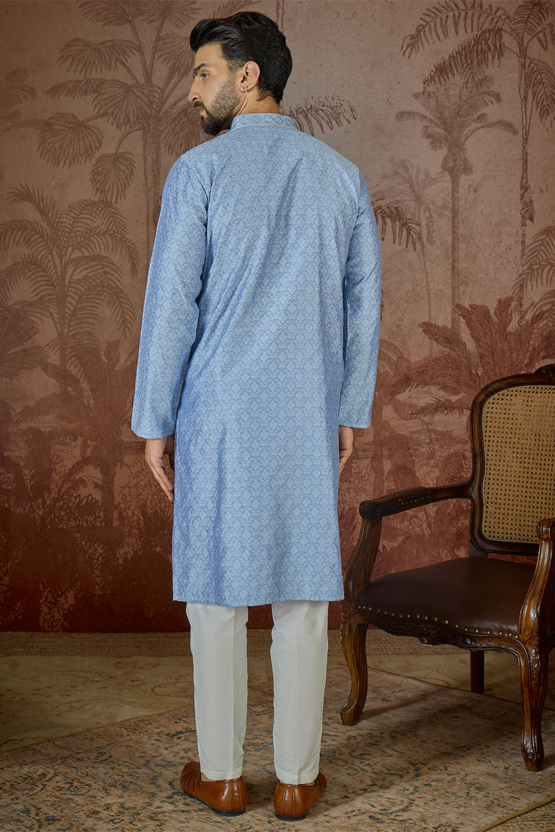 Blue Jacquard Solid Embroidered Kurta MKU2500