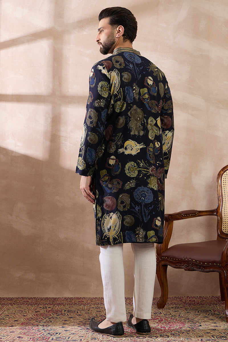 Navy Blue Silk Blend Printed Mandarin Collar Straight Kurta With Trouser MKSET1961