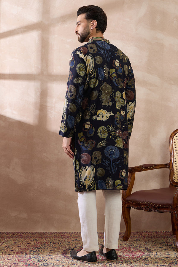 Navy Blue Silk Blend Printed Mandarin Collar Straight Kurta With Trouser MKSET1961