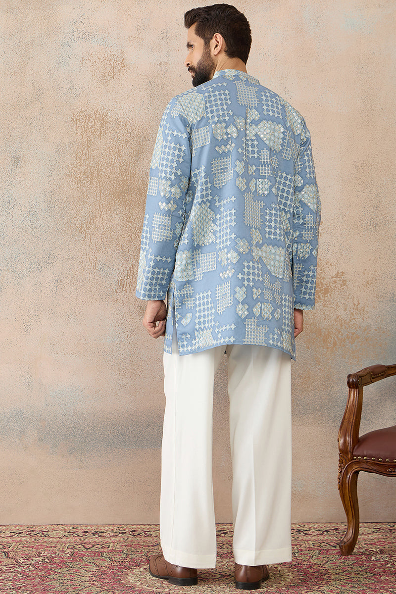 Blue Silk Blend Solid Embroidered Kurta With Trouser MKSET2454