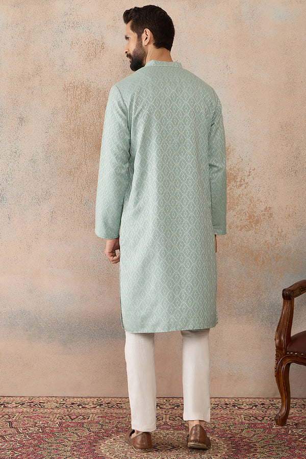 Green Linen Blend Geometric Woven Design Kurta With Trouser MKSET2365
