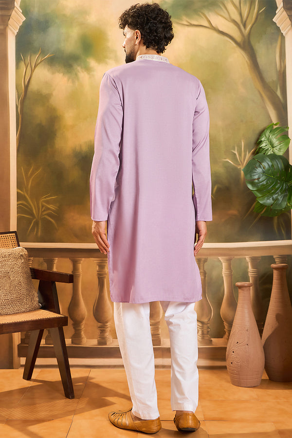 Lavender Silk Blend Solid Embroidered Straight Kurta with Trouser MKSET1489