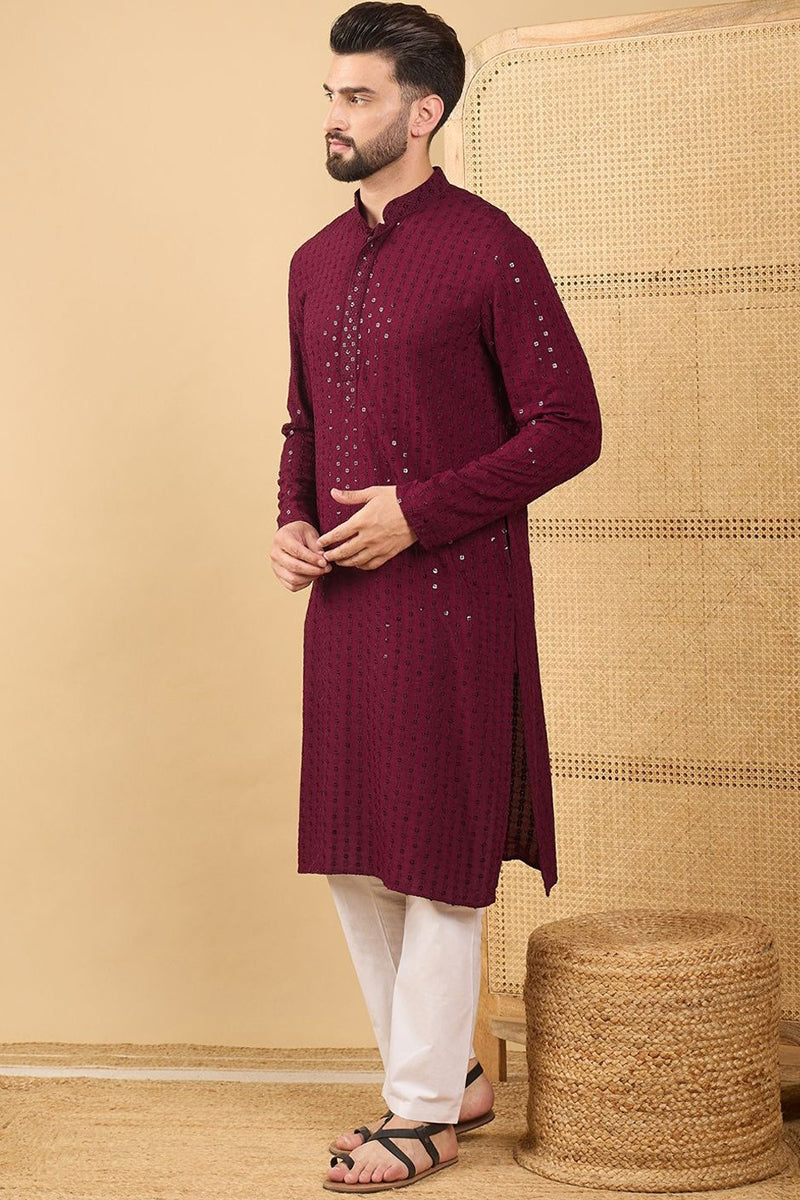 Ethnic Bay Maroon Viscose Rayon Solid Embroidered Straight Chikankari Kurta MKU1044