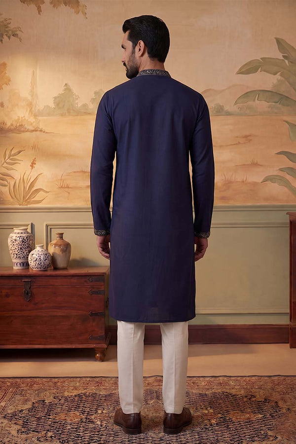 Blue Silk Blend Solid Embroidered Kurta MKU2075