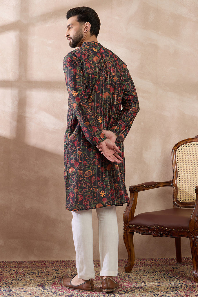 Black Silk Blend Embroidered Mandarin Collar Straight Kurta With Trouser MKSET2096