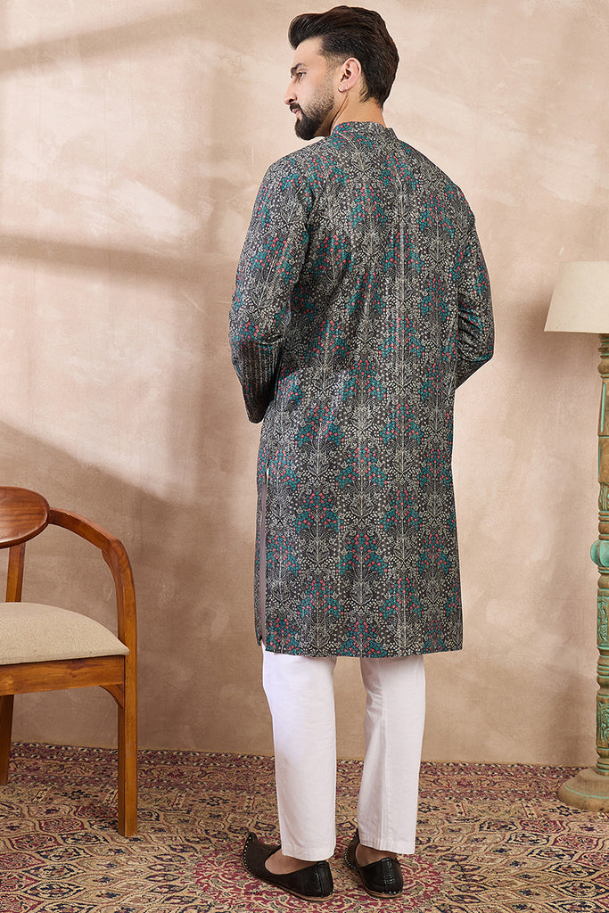 Black Silk Blend Floral Printed Straight Kurta With Trouser MKSET2015