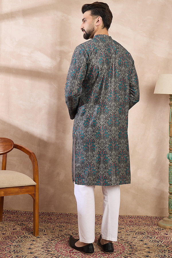 Black Silk Blend Floral Printed Straight Kurta With Trouser MKSET2015