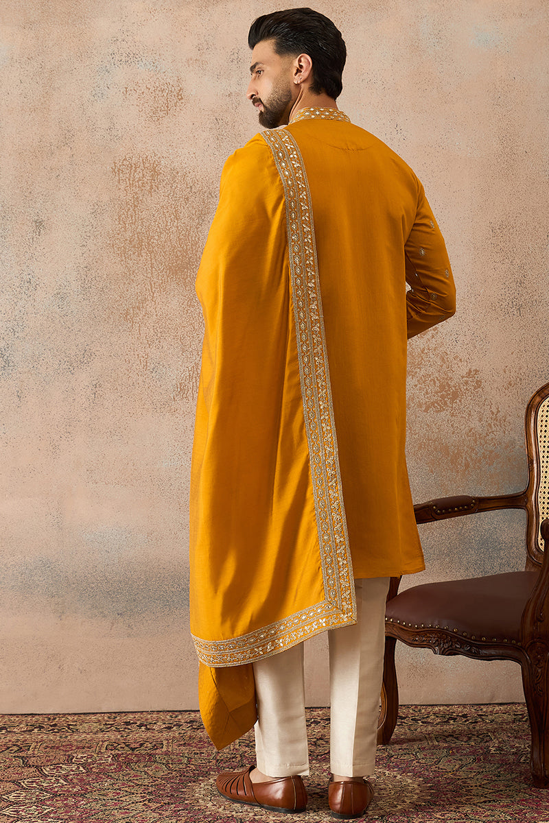 Mustard Silk Blend Solid Embroidered Kurta With Dupatta MKUD1029