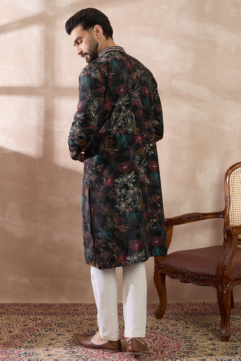 Black Silk Blend Printed Mandarin Collar Straight Kurta With Trouser MKSET1956