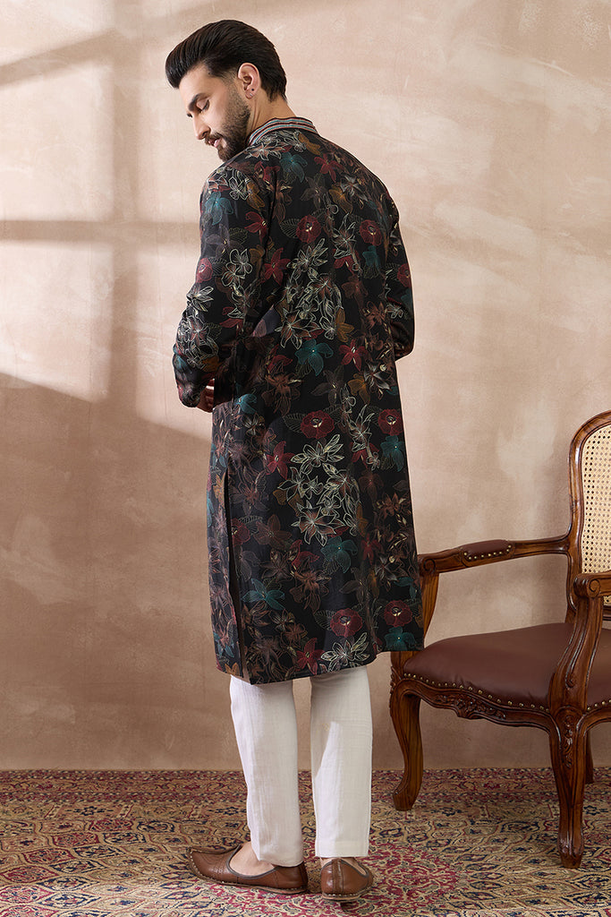 Black Silk Blend Printed Mandarin Collar Straight Kurta With Trouser MKSET1956