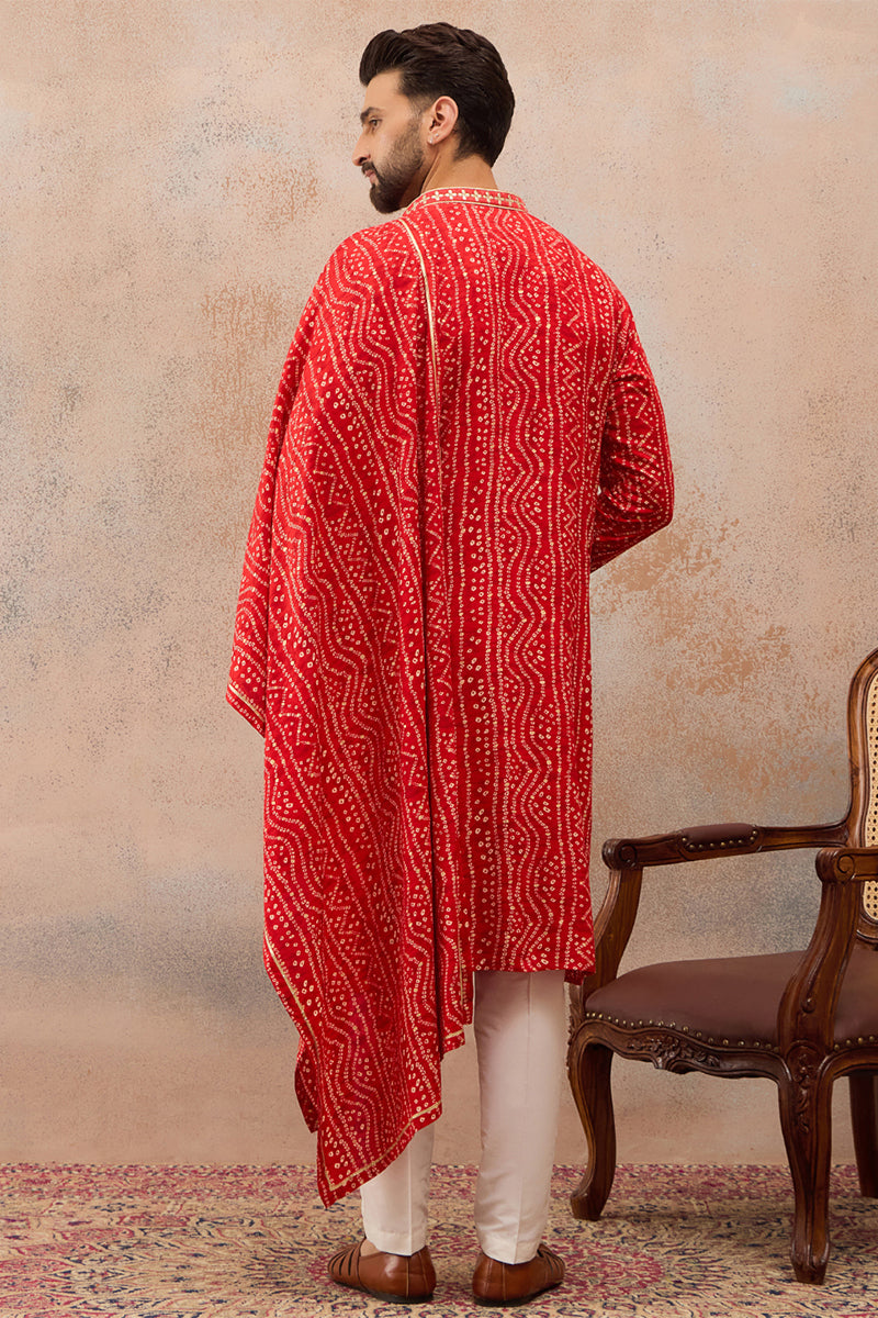 Red Viscose Rayon Bandhani Printed Mandarin Collar Kurta With Dupatta MKUD1081