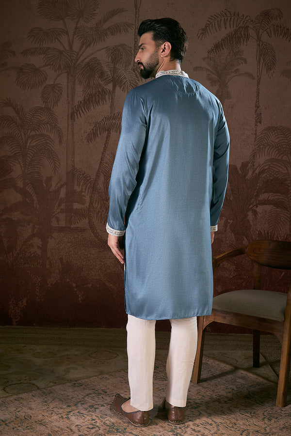 Blue Silk Blend Solid Embroidered Straight Kurta MKU1881