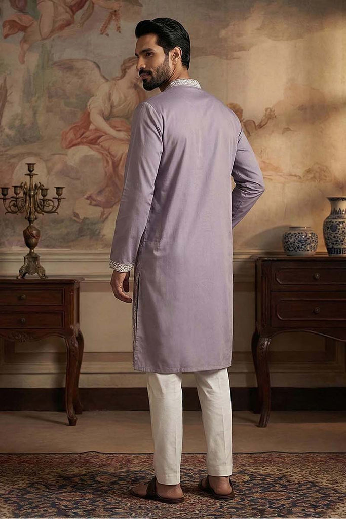 Silk Blend Lavender Solid Embroidered Calf Length Straight Kurta MKU2090