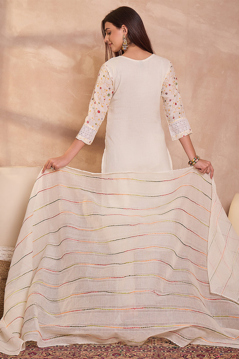 Cream Pure Cotton Ethnic Motifs Printed Straight Kurta Trousers With Dupatta PKSKD3192
