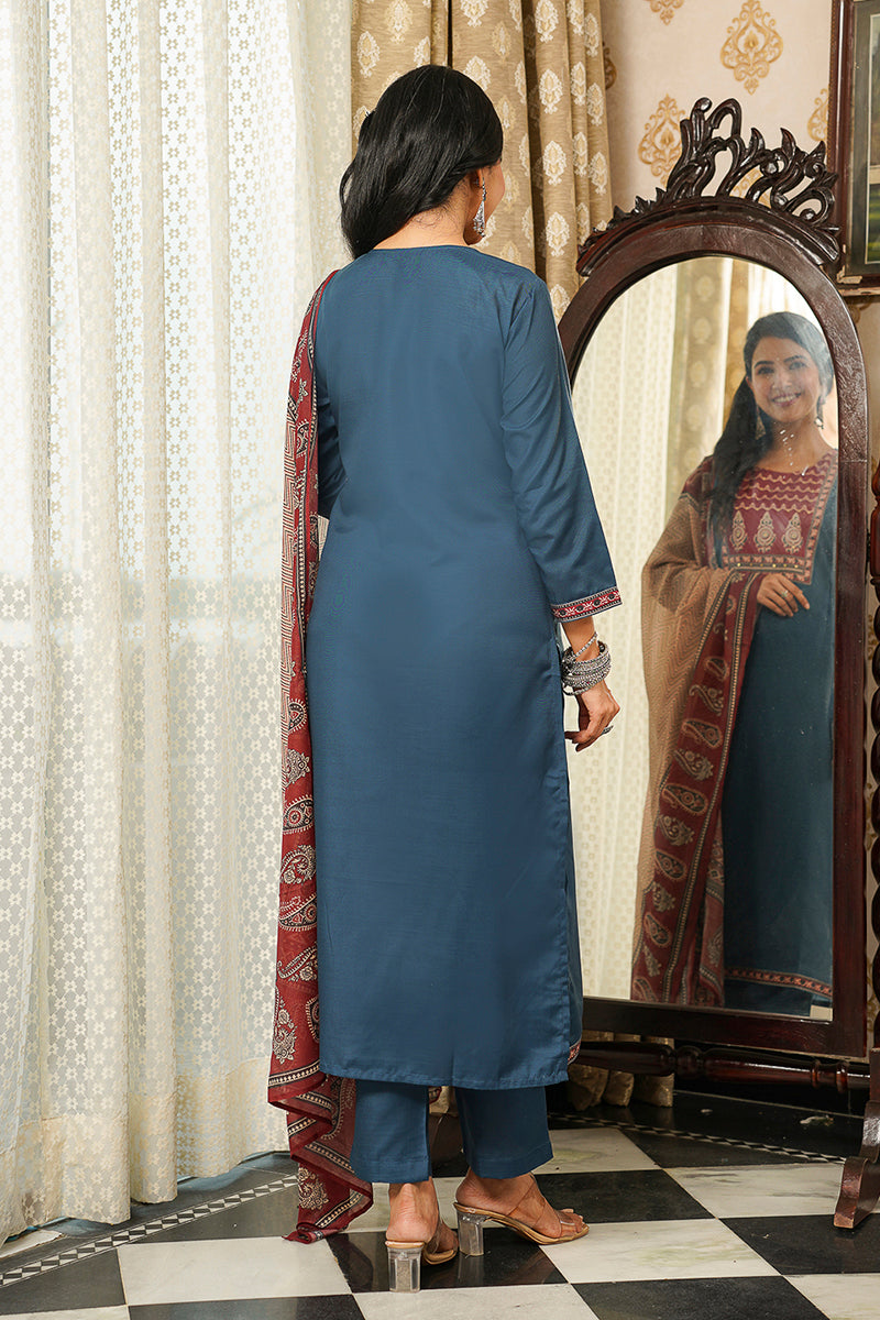 Blue Cotton Blend Ajrakh Printed Straight Kurta Trousers With Dupatta PKSKD3089