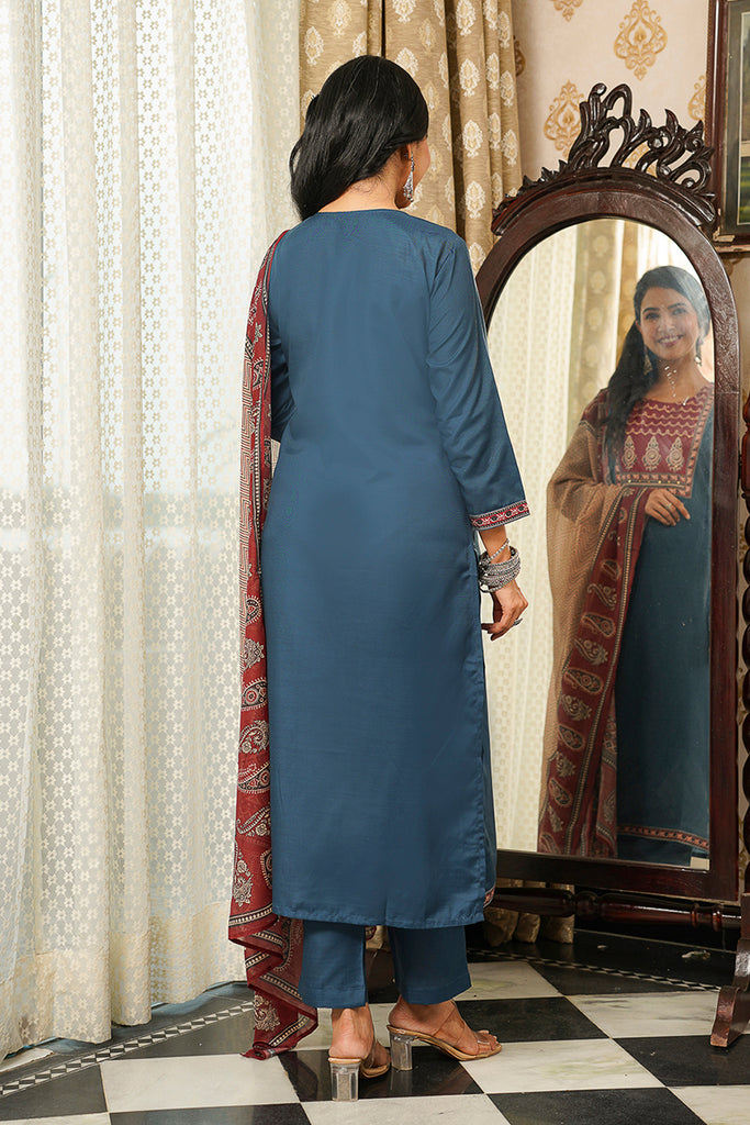 Blue Cotton Blend Ajrakh Printed Straight Kurta Trousers With Dupatta PKSKD3089