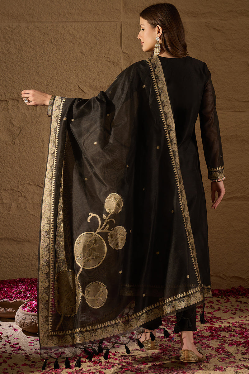 Black Chanderi Solid Woven Design Straight Kurta Trousers With Dupatta SKSKD3069
