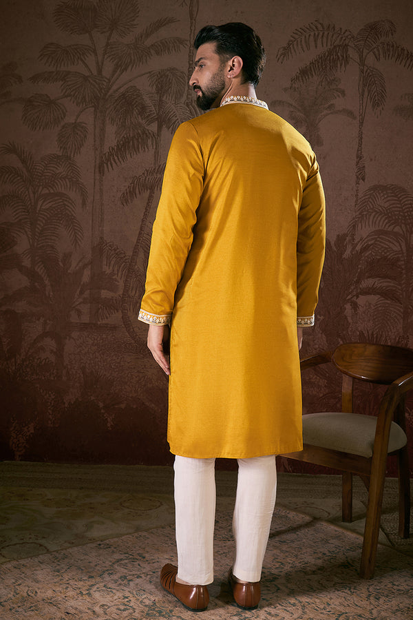 Mustard Silk Blend Solid Embroidered Straight Kurta MKU1796