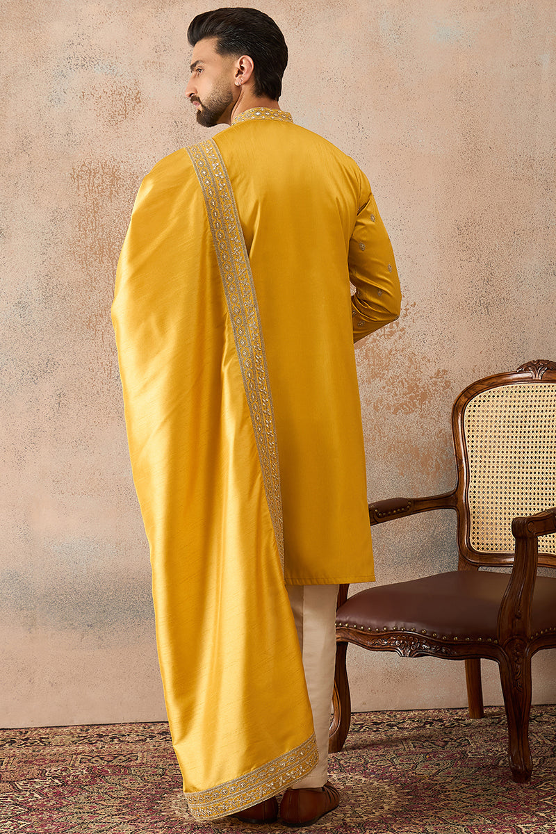 Yellow Silk Blend Solid Embroidered Kurta And Trouser With Dupatta MKPD1026