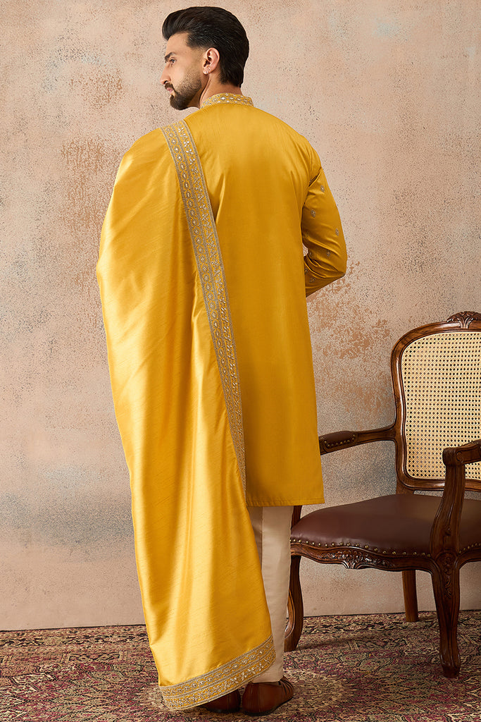 Yellow Silk Blend Solid Embroidered Kurta And Trouser With Dupatta MKPD1026