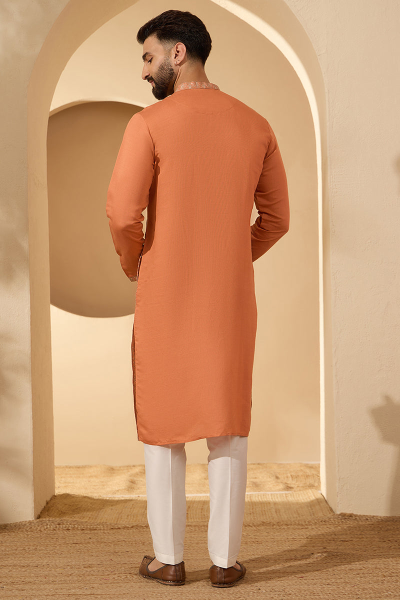 Orange Modal Embroidered Calf Length Straight Regular Kurta With Trouser MKSET2166