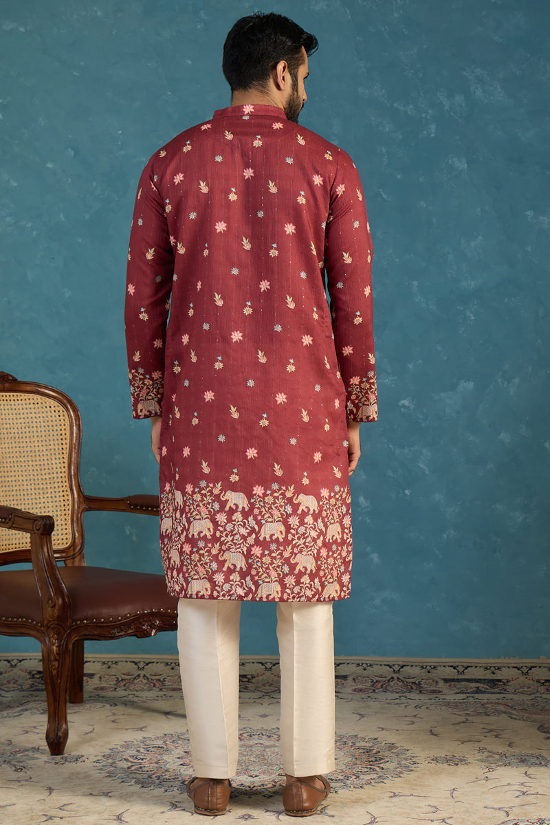 Maroon Silk Blend Woven Design Calf Length Straight Regular Kurta MKU2368