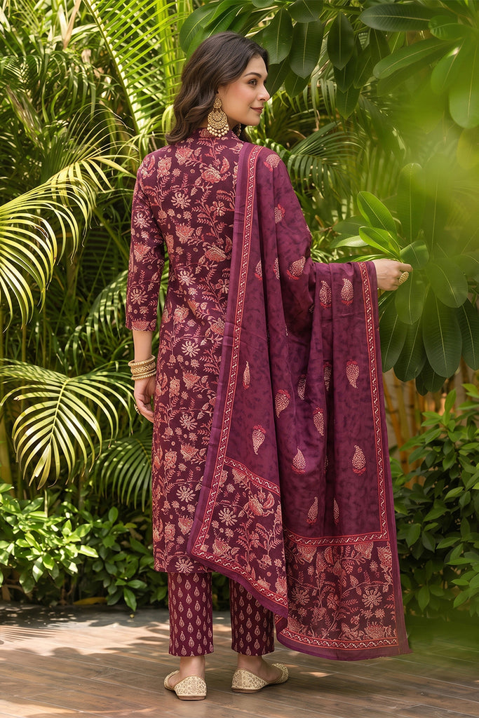 Maroon Rayon Blend Floral Printed Straight Suit Set VKSKD2149