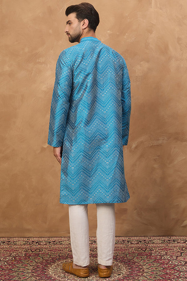 Blue Silk Blend Geometric Printed Straight Kurta With Pant Set MKSET1531