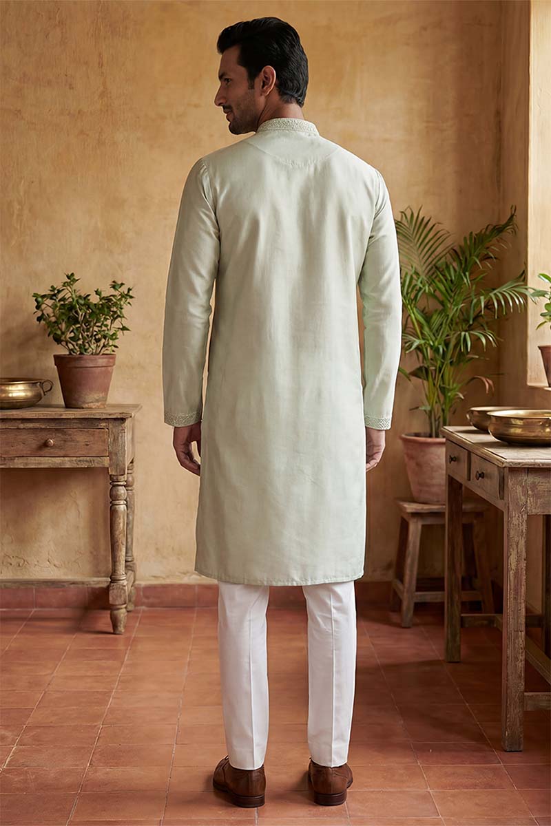 Silk Blend Green Solid Embroidered Calf Length Straight Kurta MKU2133