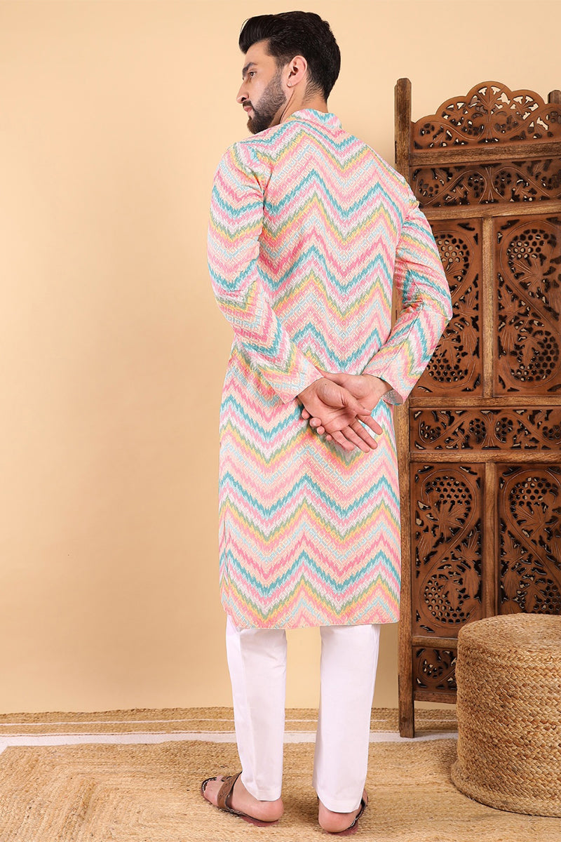 Teal Viscose Rayon Chevron Embroidered Straight Kurta For Men MKU1008TIL